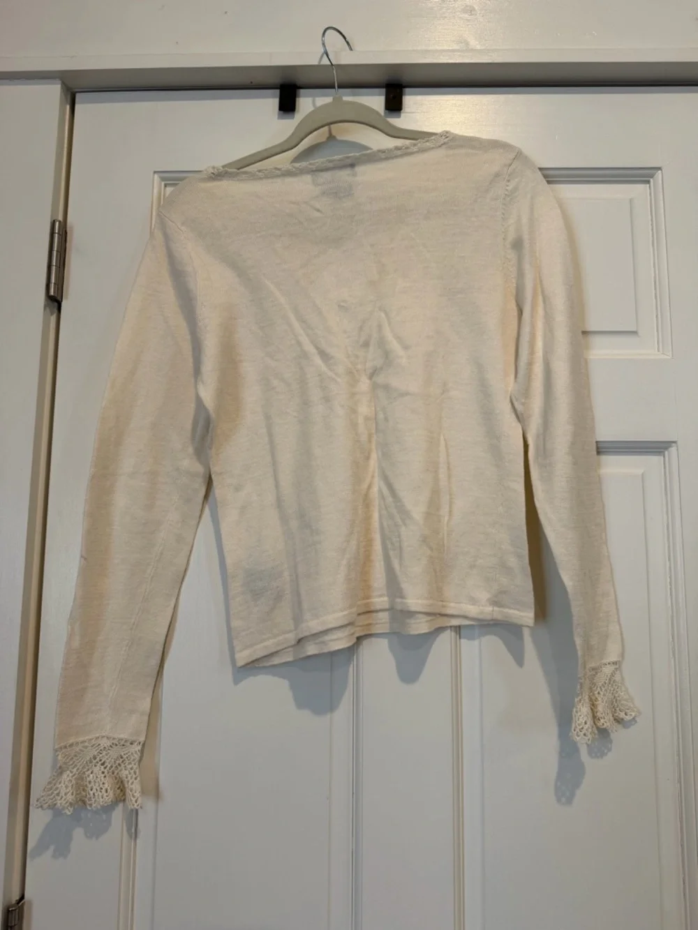 Vintage LAUREN Ralph Lauren Cream Knit Long-Sleeve Top with Lace Cuffs cotton